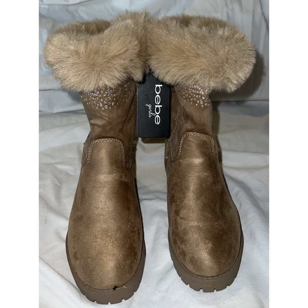 BEBE GIRLS FAUX FUR Fashion BOOTS TAN BROWN SHOES 1 NEW Rhinstones Cowgirl Bling